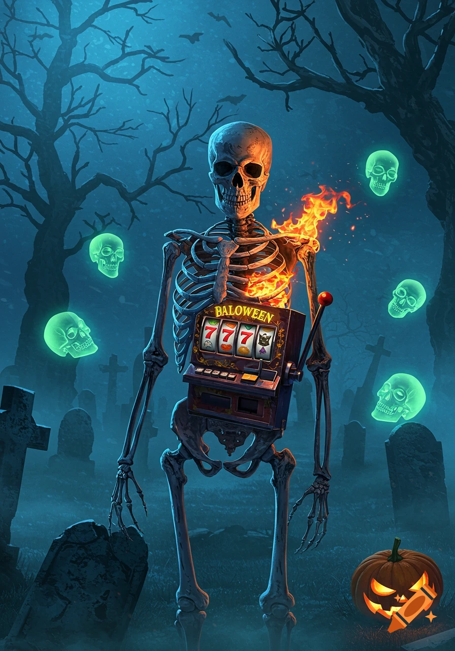 A skeleton with a burning chest containing a slot machine stands in a misty graveyard with glowing skulls floating around it and a jack-o'-lantern.