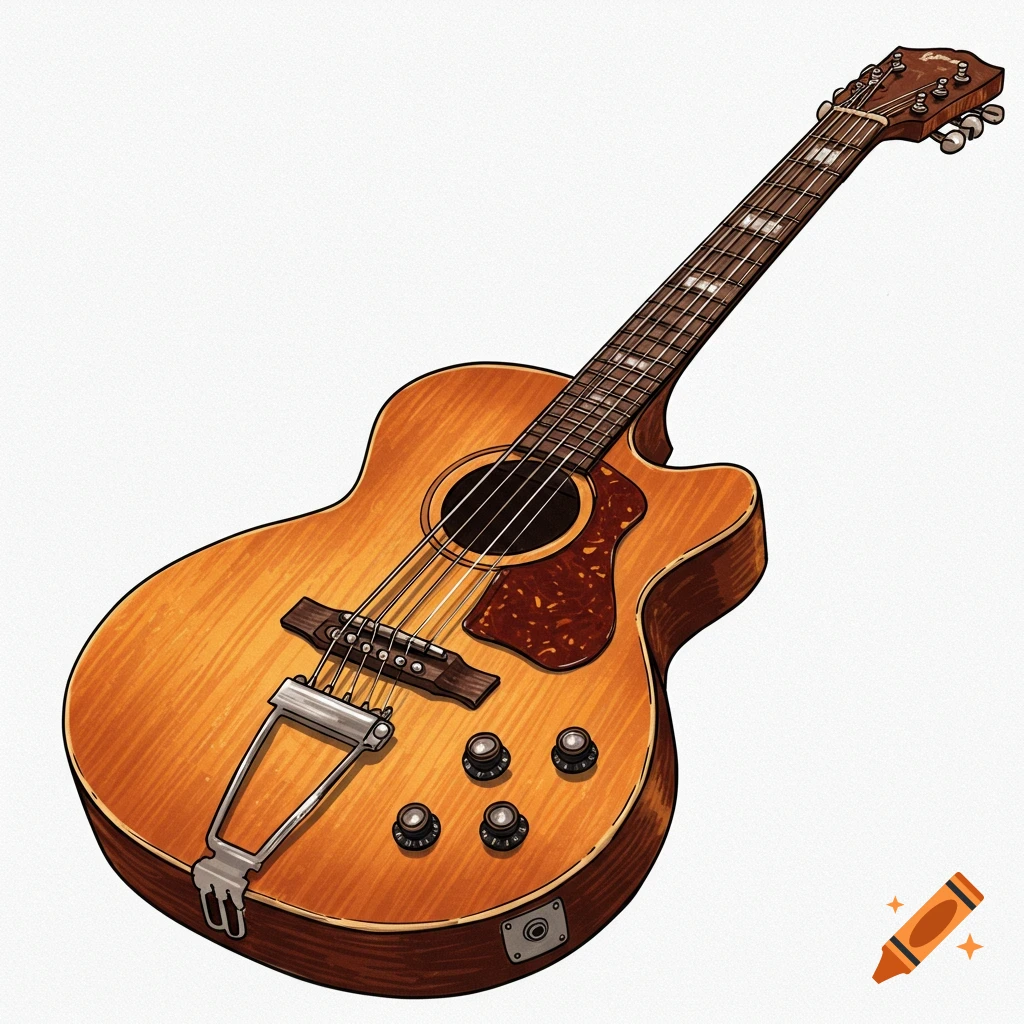A detailed color drawing of a vintage-style acoustic-electric guitar with a sunburst finish on a white background.