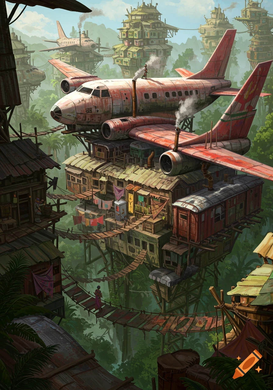A vibrant digital painting of a fantastical city built from salvaged aircraft and transport parts, perched on stilts in a lush green jungle.