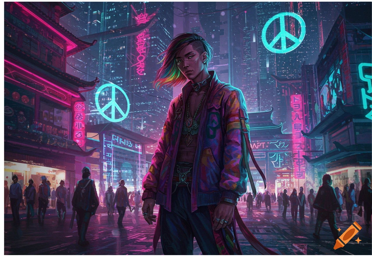 A stylized digital painting of a person with rainbow hair and a colorful jacket standing in a neon-lit cyberpunk city, with peace signs in the background.