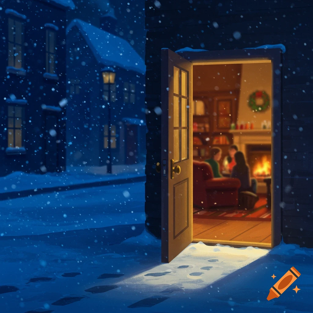 An illustration of snow falling on a dark street, with light spilling from an open doorway revealing people gathered by a cozy fireplace inside.