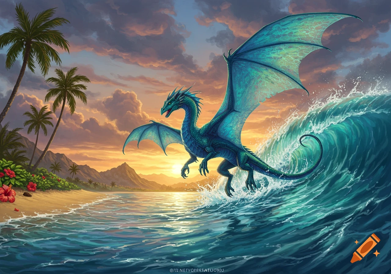 A majestic blue-green dragon with large wings flies over a breaking wave at a tropical beach during a vibrant sunset.