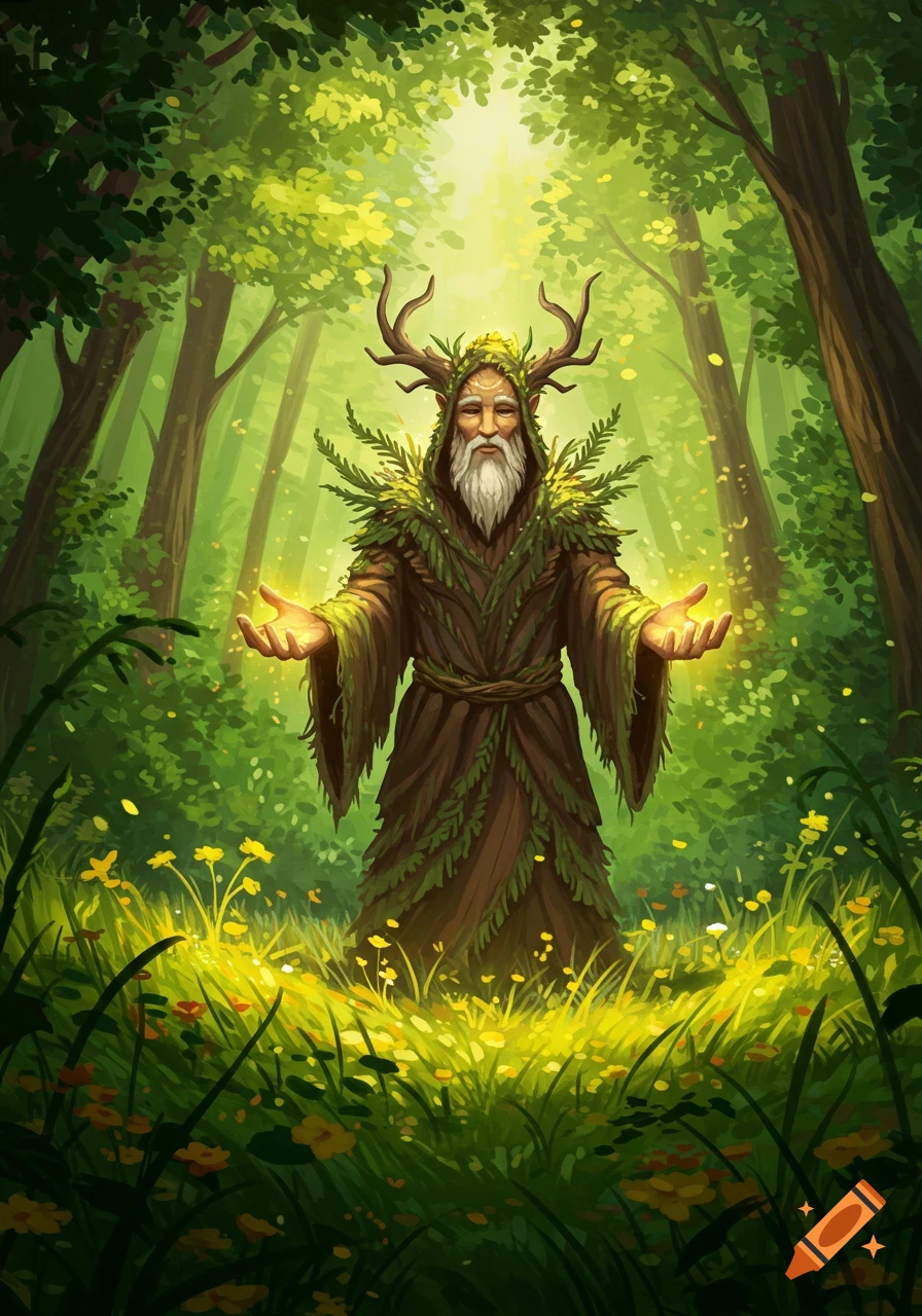 An old, bearded man with antlers and a leafy cloak stands in a lush, sunlit forest, holding glowing hands.