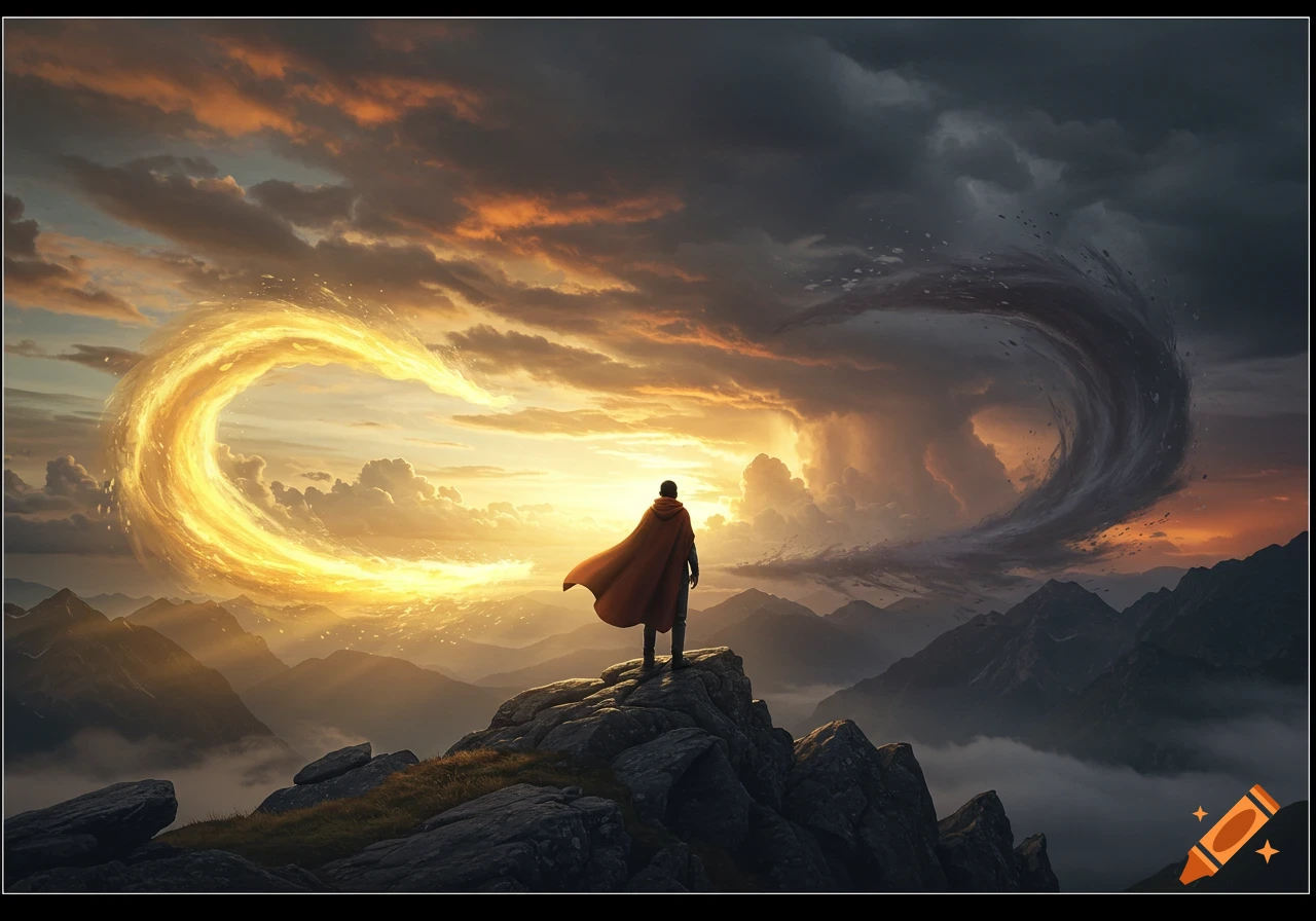 Person in red cape on a mountain, observing bright and dark swirling clouds in a dramatic, epic sky.