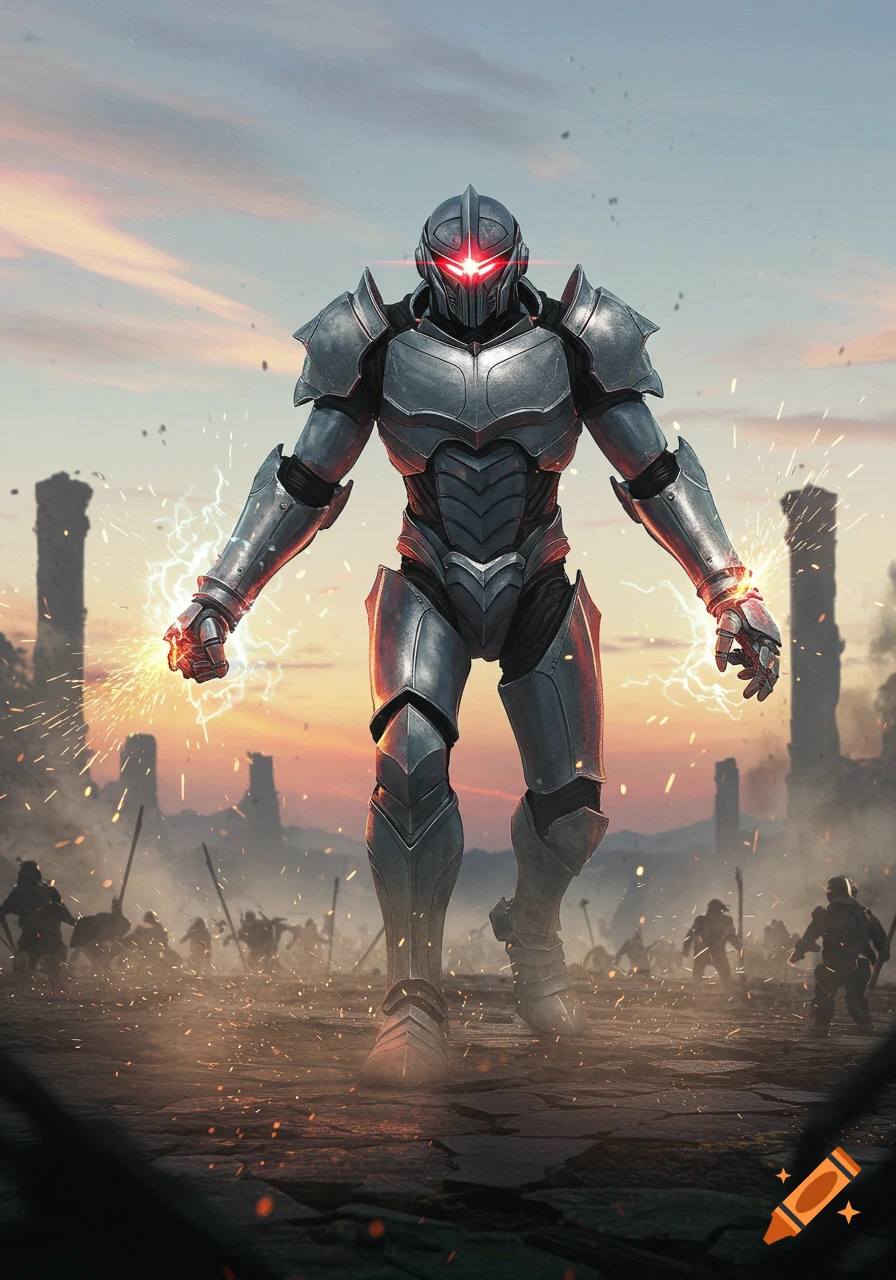 A formidable armored knight with glowing red eyes stands on a desolate battlefield at sunset, sparks flying from its hands.