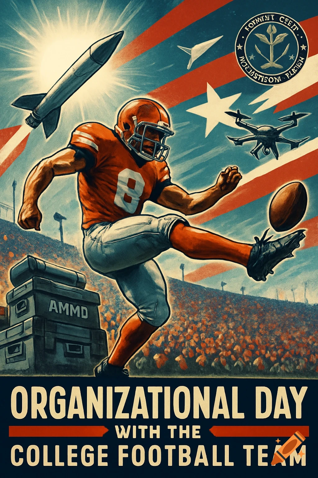 A vintage-style poster showing a college football player kicking a ball with a missile, drone, and ammo crates in the background. Text reads "ORGANIZATIONAL DAY WITH THE COLLEGE FOOTBALL TEAM".