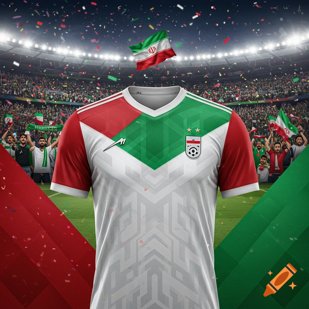 An Iranian national football team jersey in red, green, and white, displayed against a stadium backdrop with cheering fans and confetti.