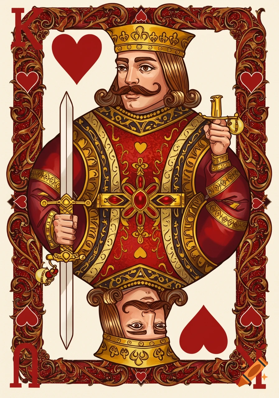 A richly detailed illustration of the King of Hearts playing card, featuring a regal king in red and gold robes holding a sword and scepter.