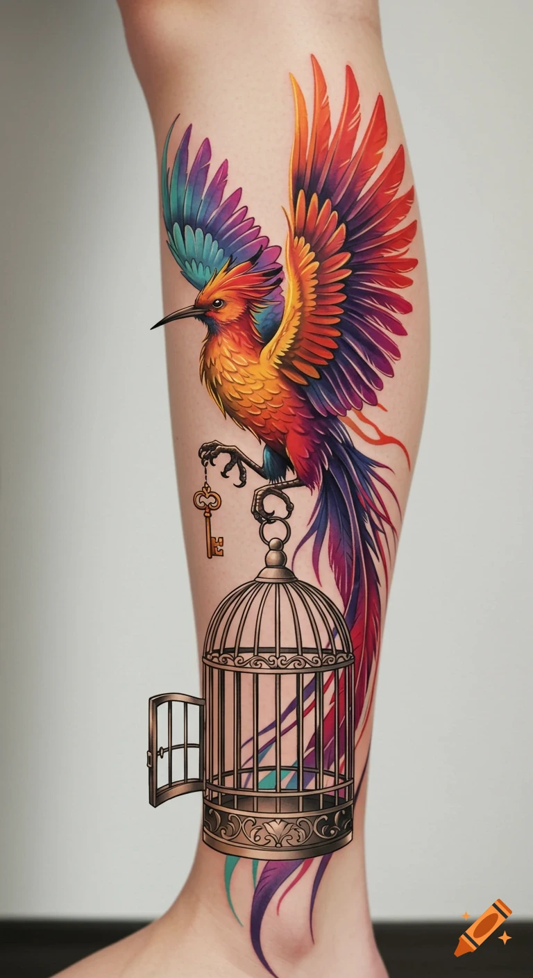 Vibrant fantasy tattoo on a leg featuring a colorful bird with a key flying from an open birdcage.