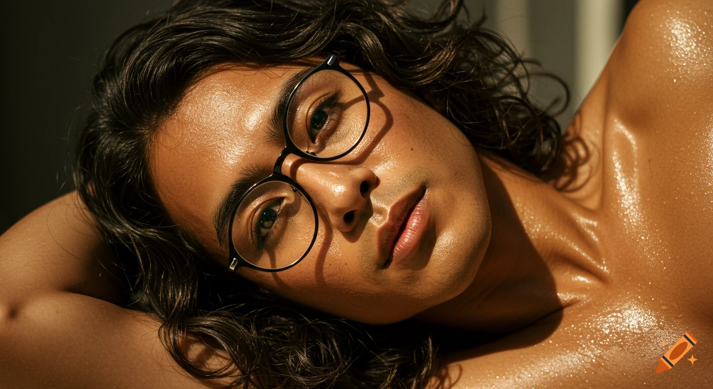 Photorealistic cinematic portrait of a brunette person with glistening skin and glasses, lying on their side with dramatic lighting.