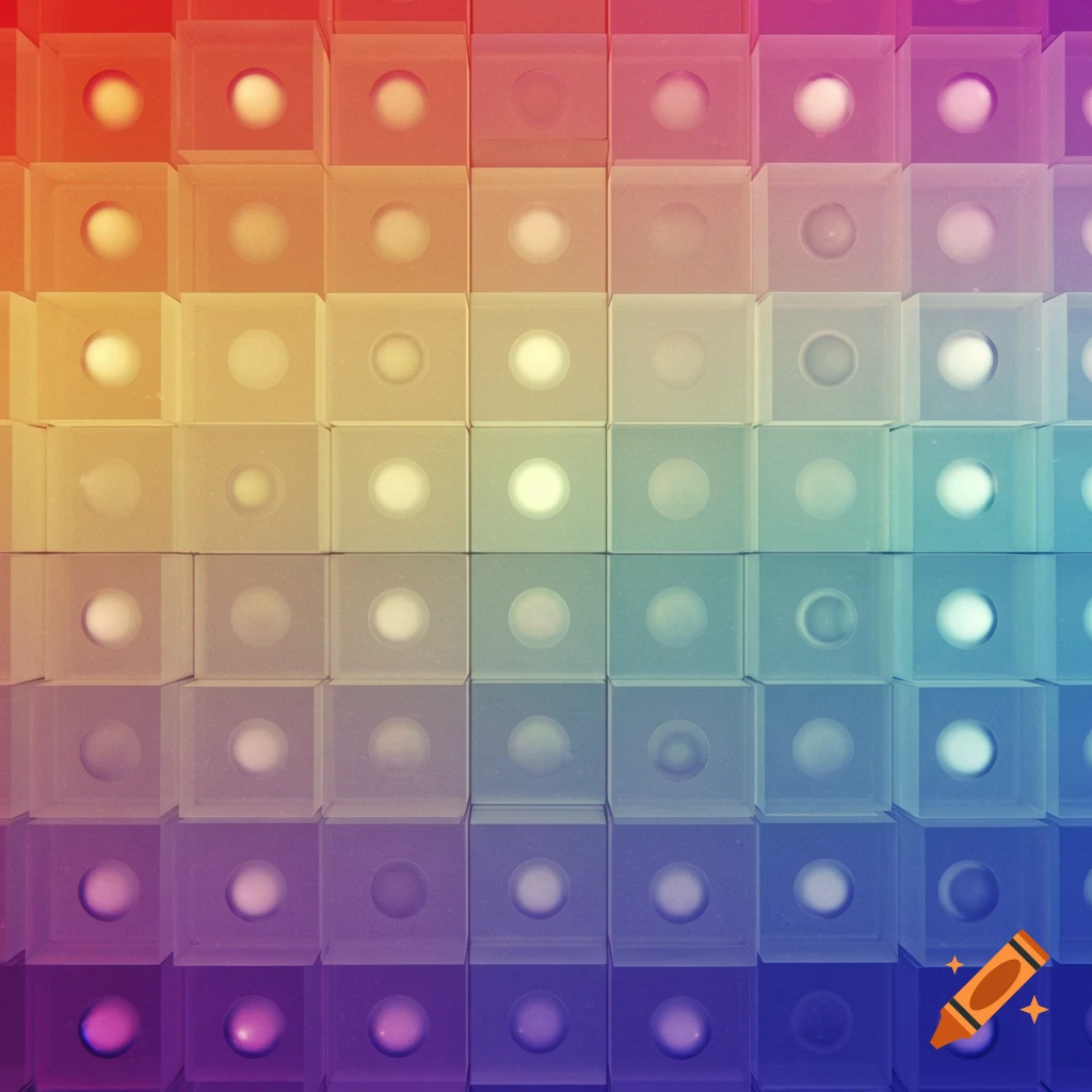Grid of translucent cubes, each with a white sphere, arranged in a vibrant rainbow color gradient.