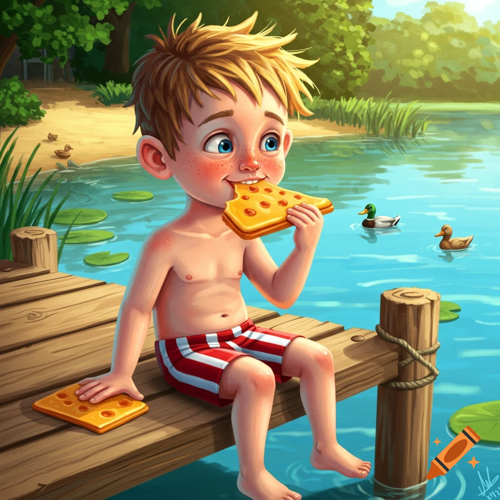 Cartoon boy with blond hair and freckles, in red striped swim trunks, sits on a dock by a lake, eating a slice of pizza. Two ducks swim nearby.