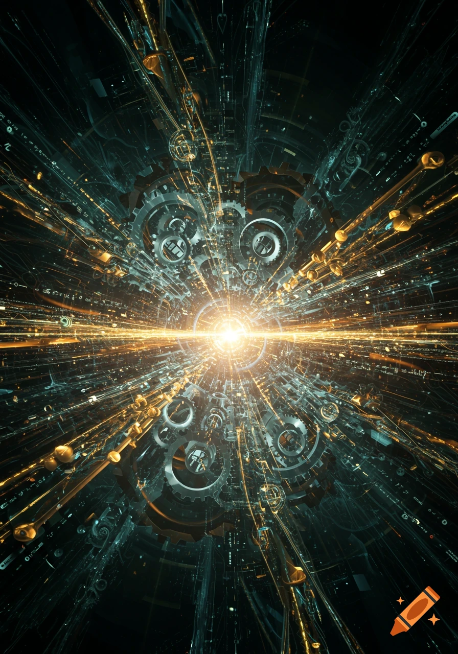 A bright golden light bursts from the center, surrounded by intricate gears and glowing circuitry in a dark, abstract, technological void.