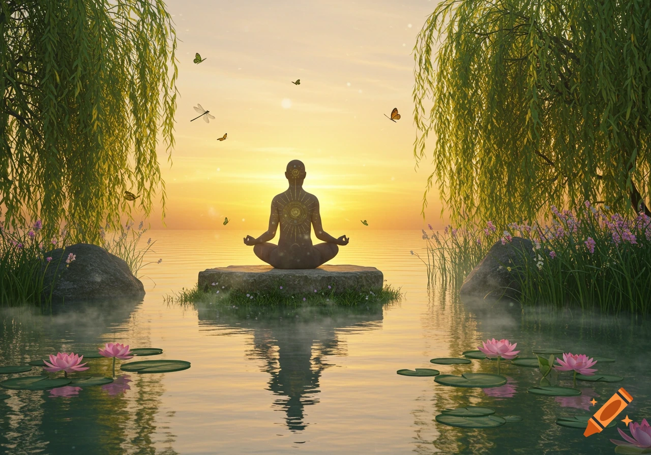 A silhouette of a person meditating in a lotus position on a rock in calm water at sunset, surrounded by willow trees, lotus flowers, and butterflies.