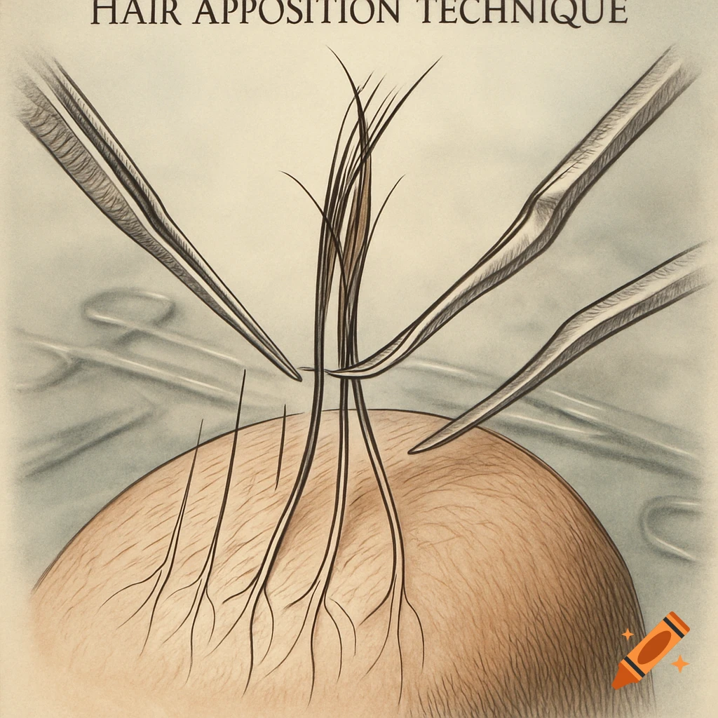 Detailed illustration of a hair apposition technique showing tweezers manipulating hair on a scalp.