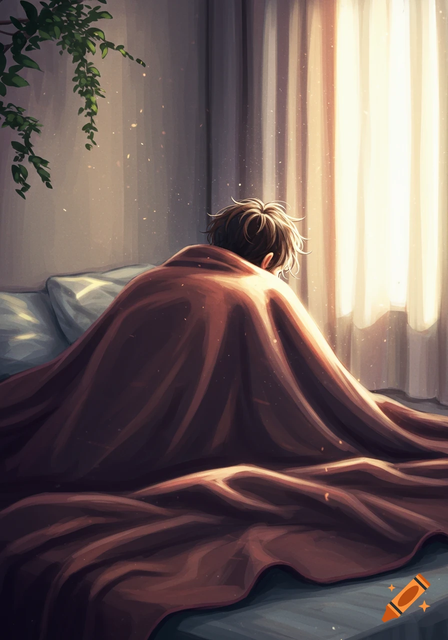 Anime illustration of the back of a person's head covered by a brown blanket in a sunlit bedroom.