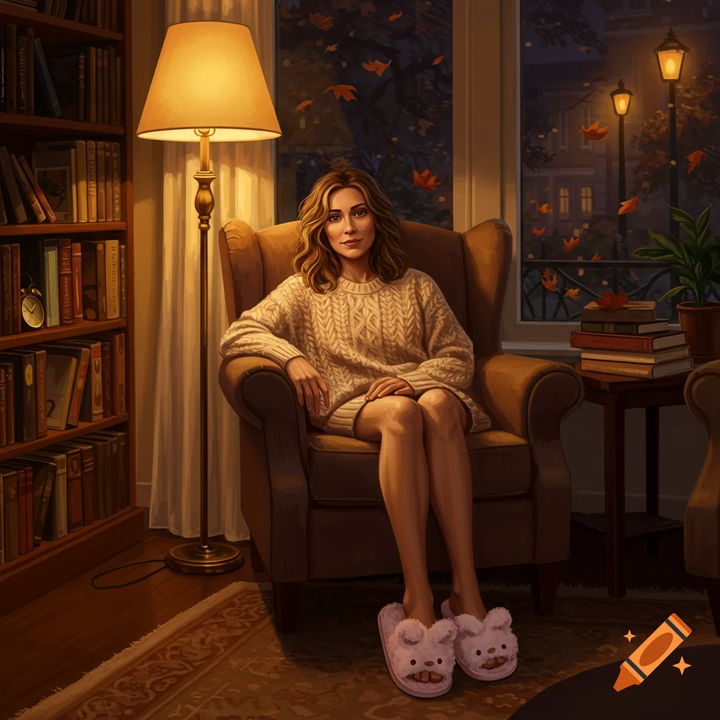 A woman in a sweater dress and fluffy pink slippers sits in a cozy armchair by a lamp, a bookshelf, and a window with falling autumn leaves.