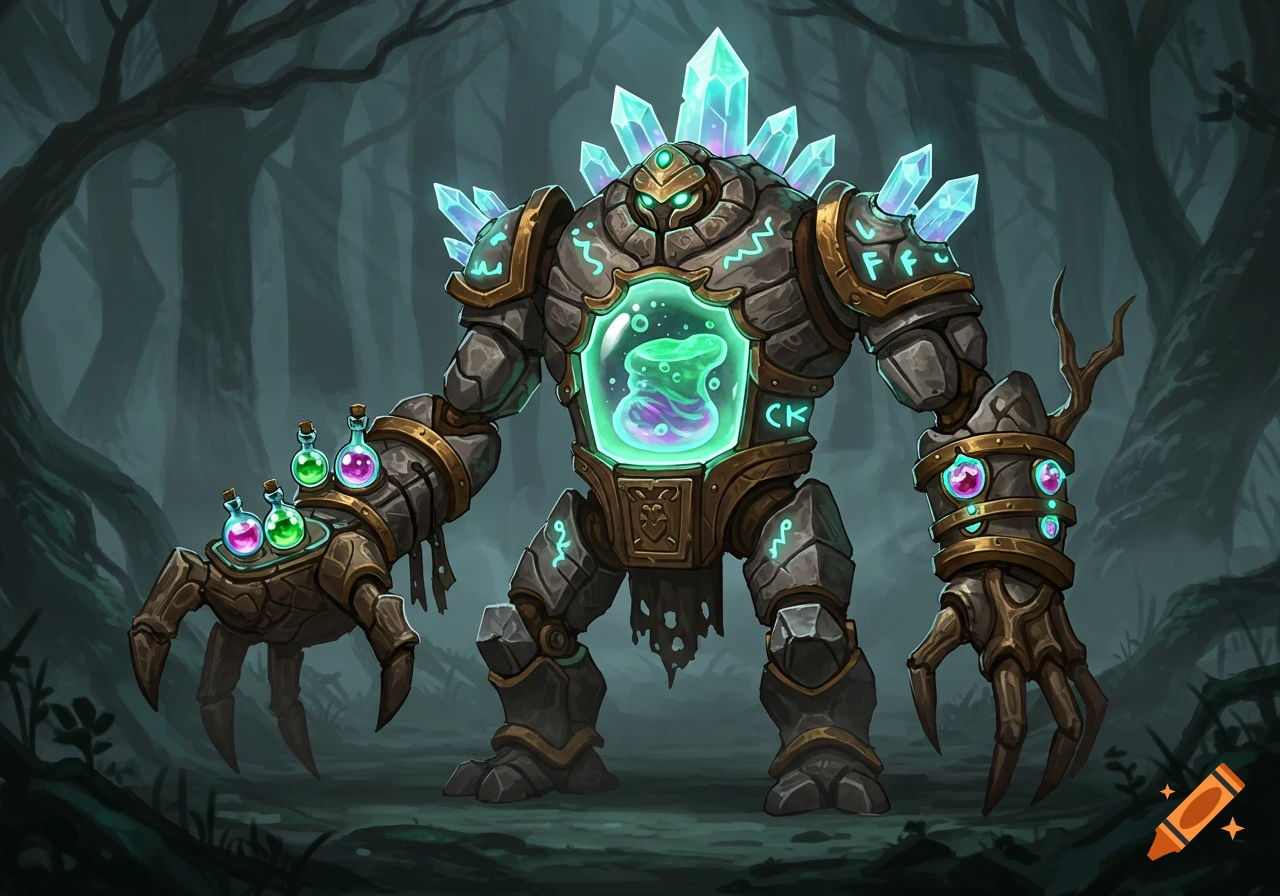 A stylized concept art of a stone and crystal fantasy potion vending golem in a dark forest.
