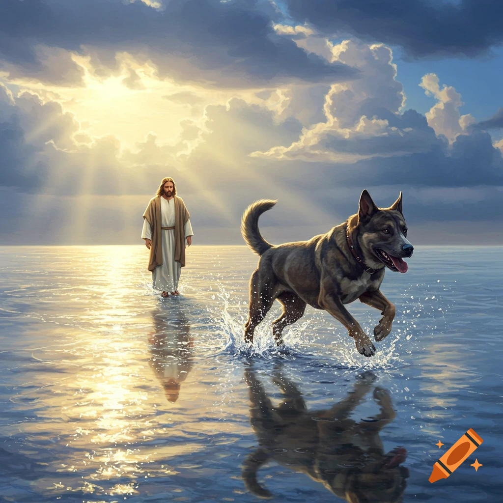 Jesus walks on water under a radiant sky with a dog running joyfully beside him, splashing water, in a painterly style.