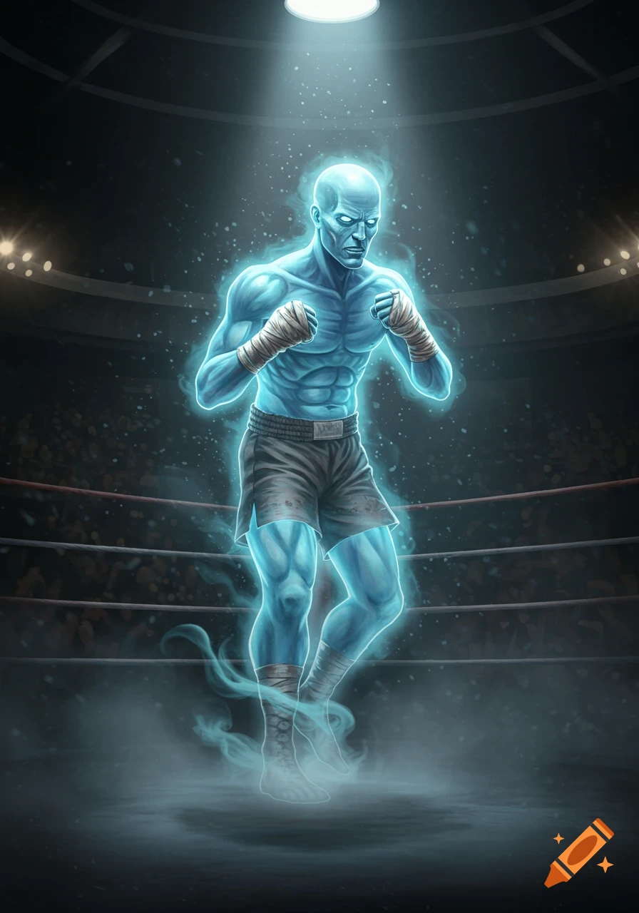 A glowing blue ghost boxer with wrapped hands stands in a smoky boxing ring.