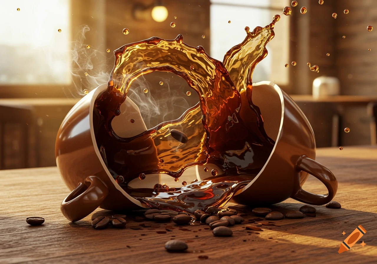 Close-up photorealistic image of coffee splashing dramatically from a broken ceramic cup, with steam and scattered coffee beans on a wooden table.