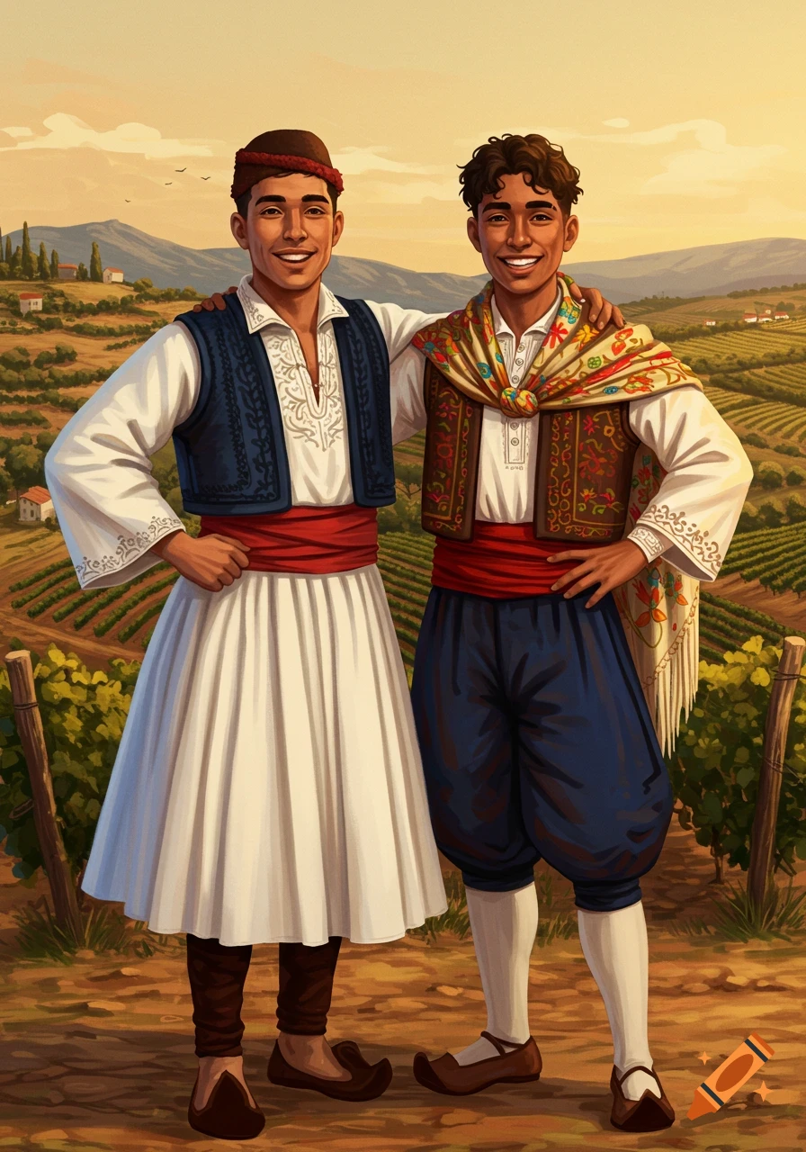 Two young men in traditional Albanian and Portuguese folk costumes stand smiling in a vineyard, rendered in an illustrative style.