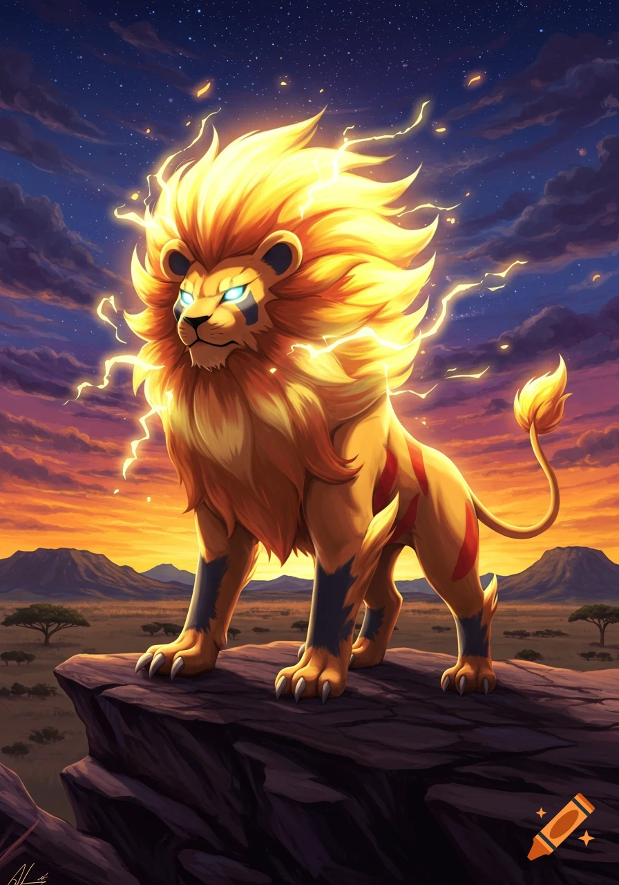 Anime-style golden lion, glowing with electricity, stands on a rocky cliff at sunset with a starry sky.