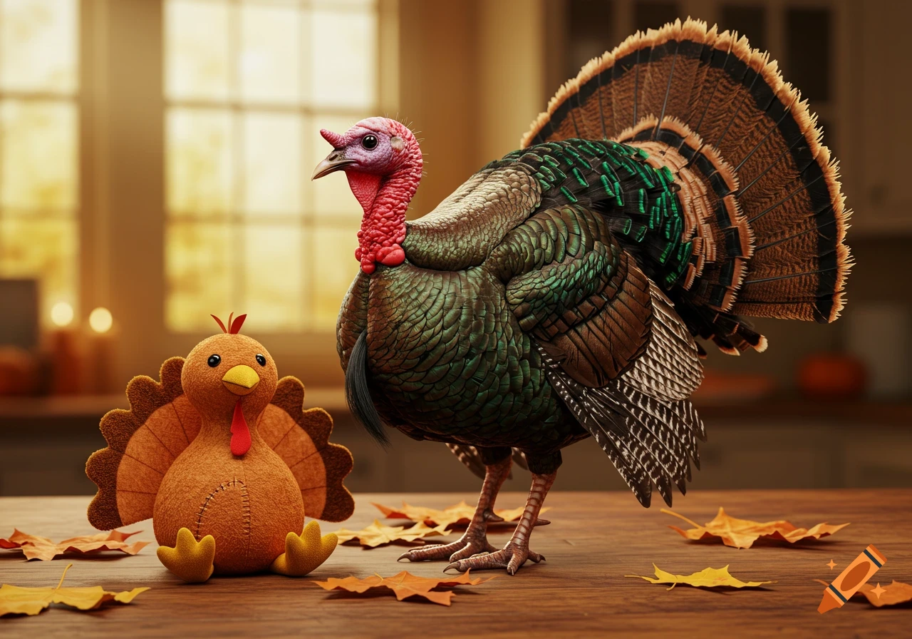 A photorealistic turkey stands on a wooden table next to a cute plush turkey toy, surrounded by autumn leaves in a warm, indoor setting.
