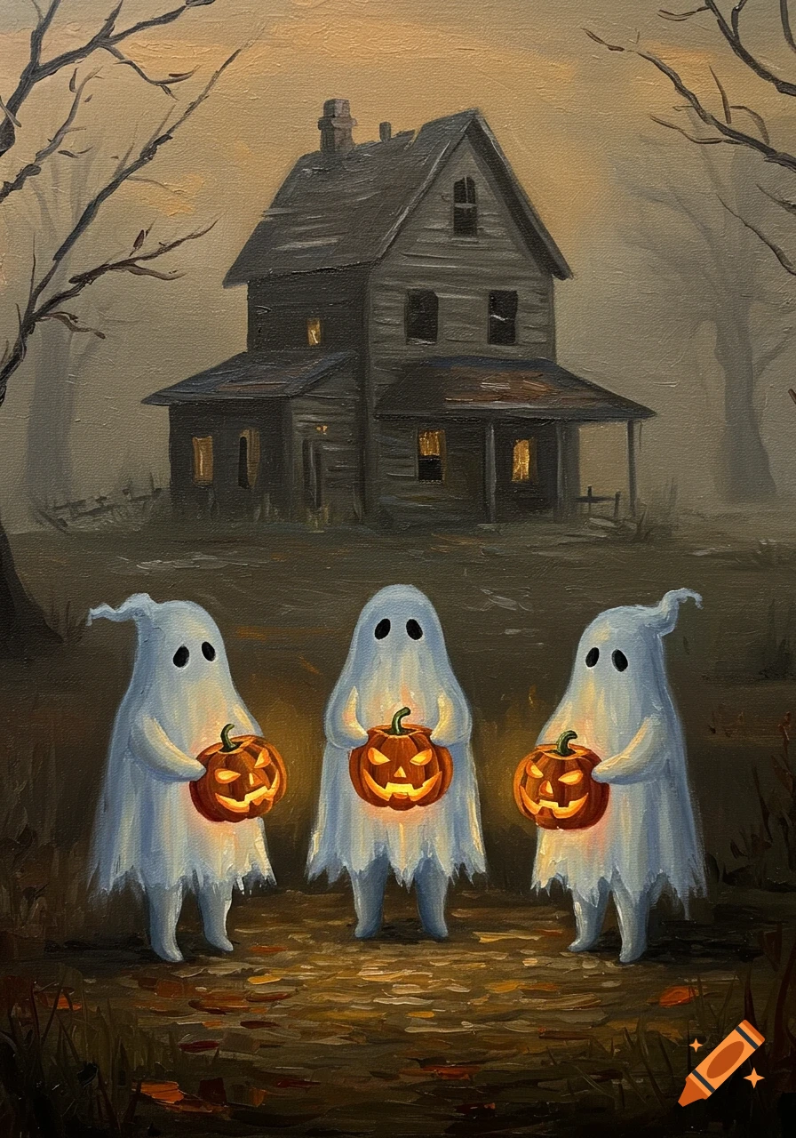 Oil painting of three small ghosts holding glowing jack-o'-lanterns in front of a spooky, foggy farmhouse.