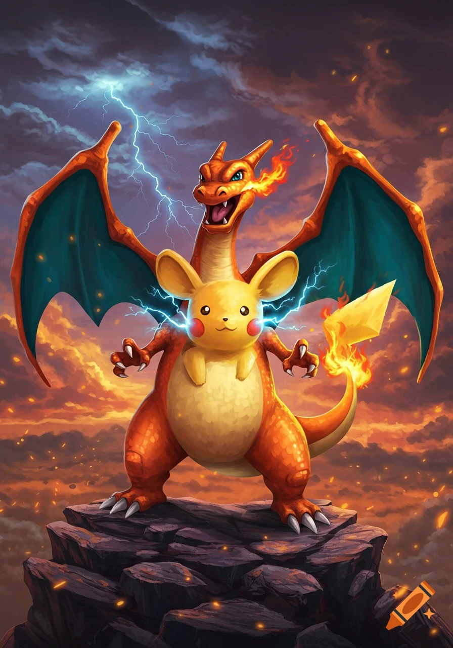 A powerful fusion of Charizard and Pikachu stands on a rocky cliff with lightning, fire, and a stormy, fiery sky background.