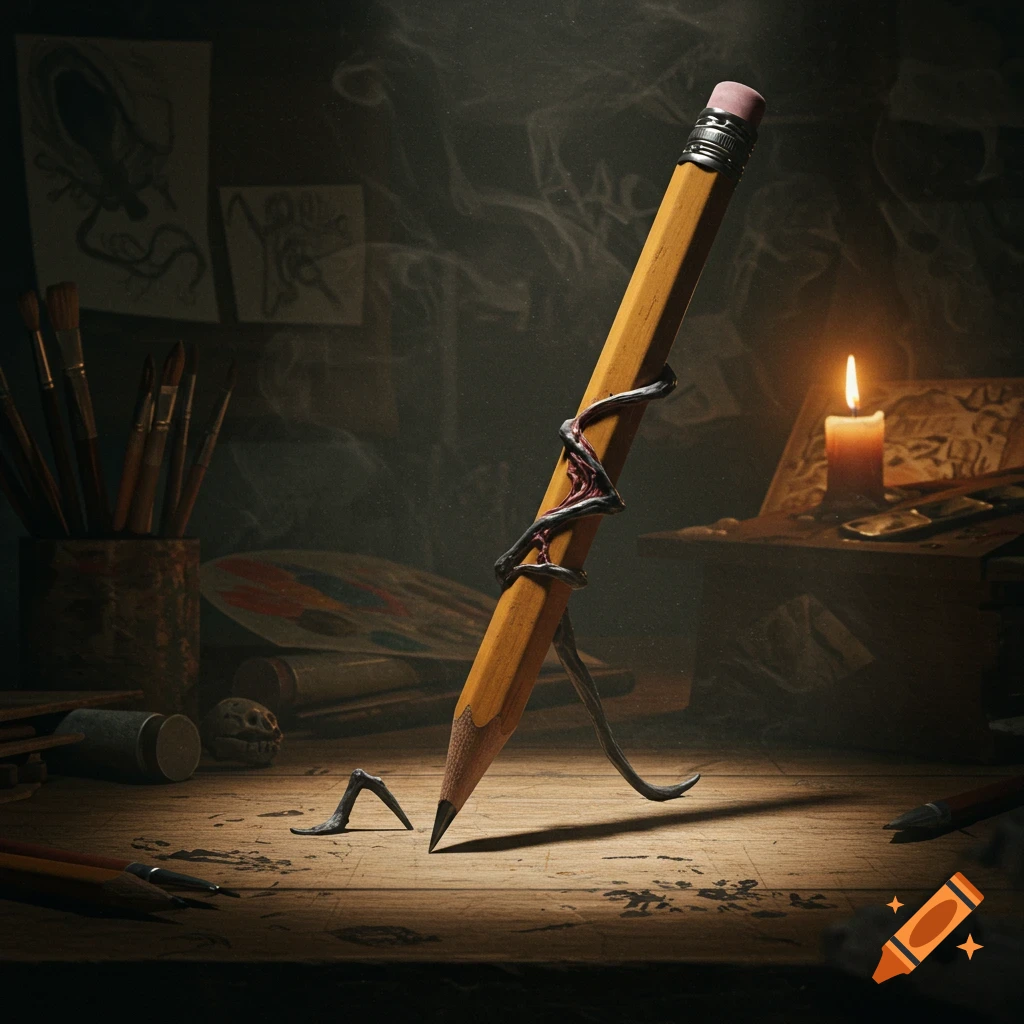 A large pencil wrapped in dark, gnarled vines stands on a wooden desk in a dimly lit artist's studio, lit by candlelight. Photorealistic.