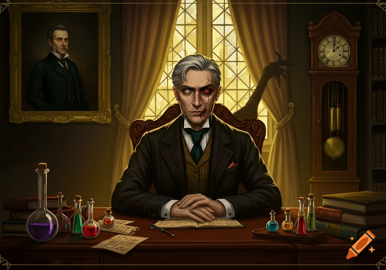A distinguished man with white hair, one red eye, and a cracked face sits at a dark wooden desk with beakers and papers. A shadowy clawed hand looms behind him, a clock stands on the right, and a portrait on the left, all in a dramatic, dark Victorian setting.