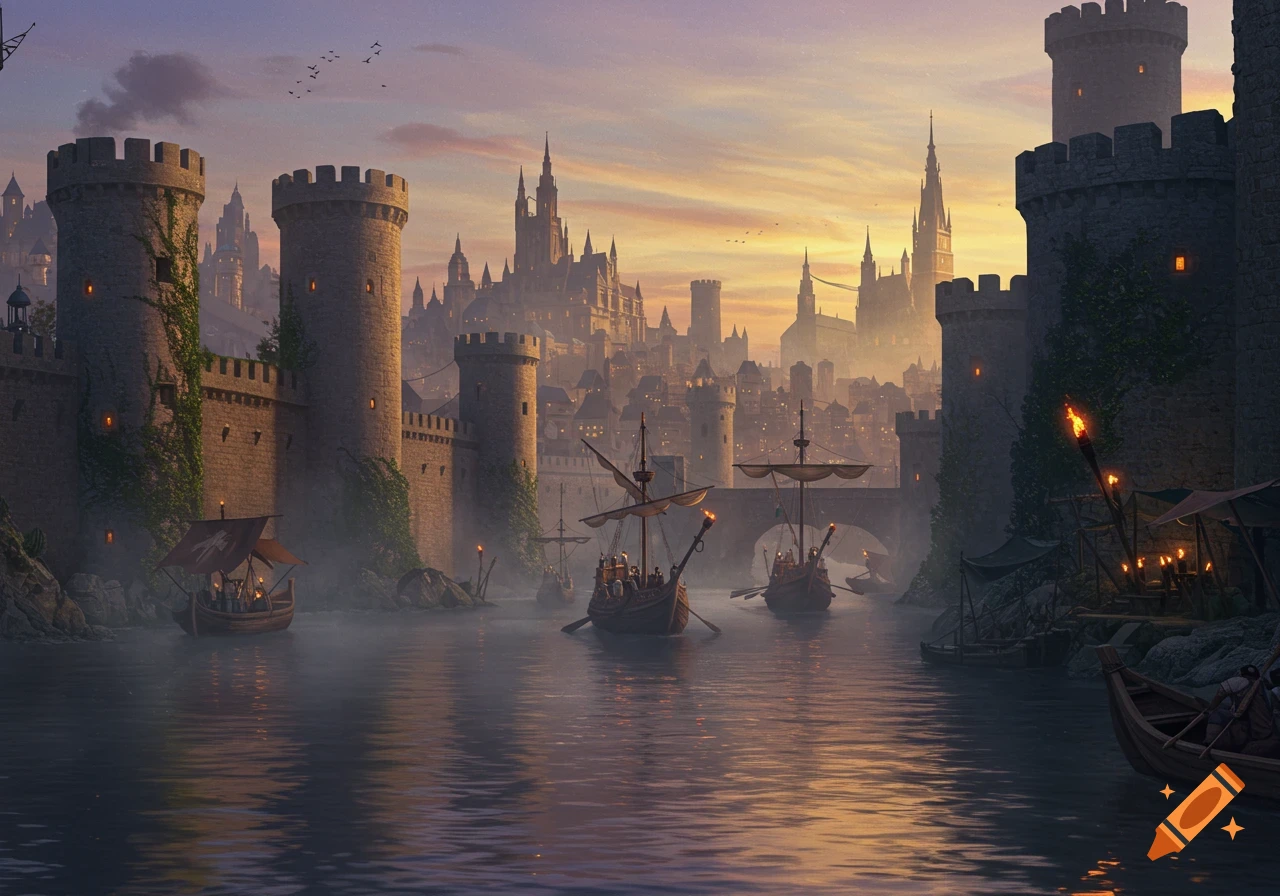 A majestic medieval fantasy city with tall stone walls and towers along a river at sunset, with boats on the water.