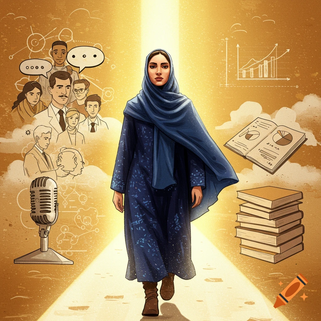 A woman in a blue hijab and dress walks forward on a bright path, surrounded by illustrative symbols of community, education, and career.