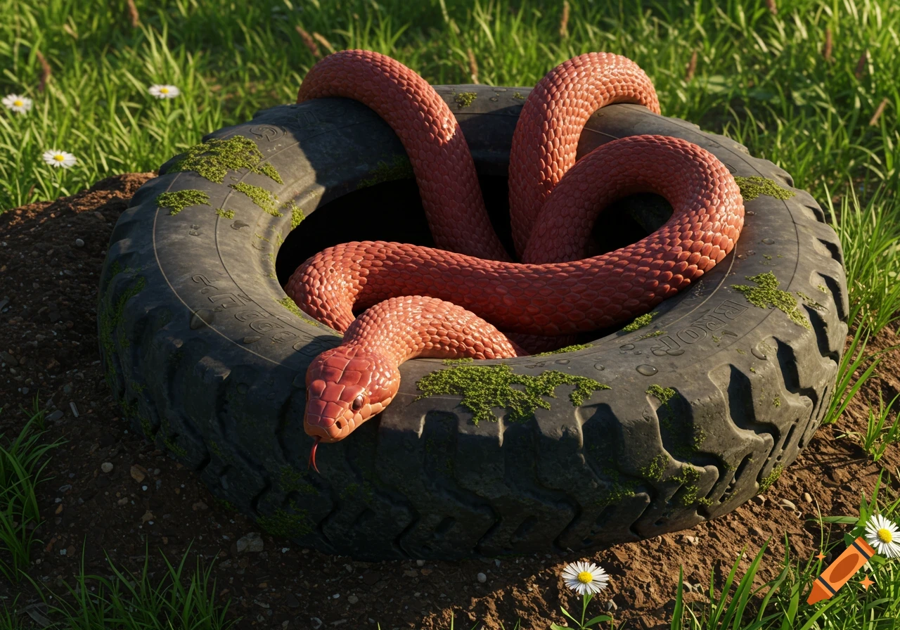 A red snake with a forked tongue coiled inside an old, moss-covered tire. It is sitting on dirt and surrounded by green grass and white daisies in a photorealistic style.