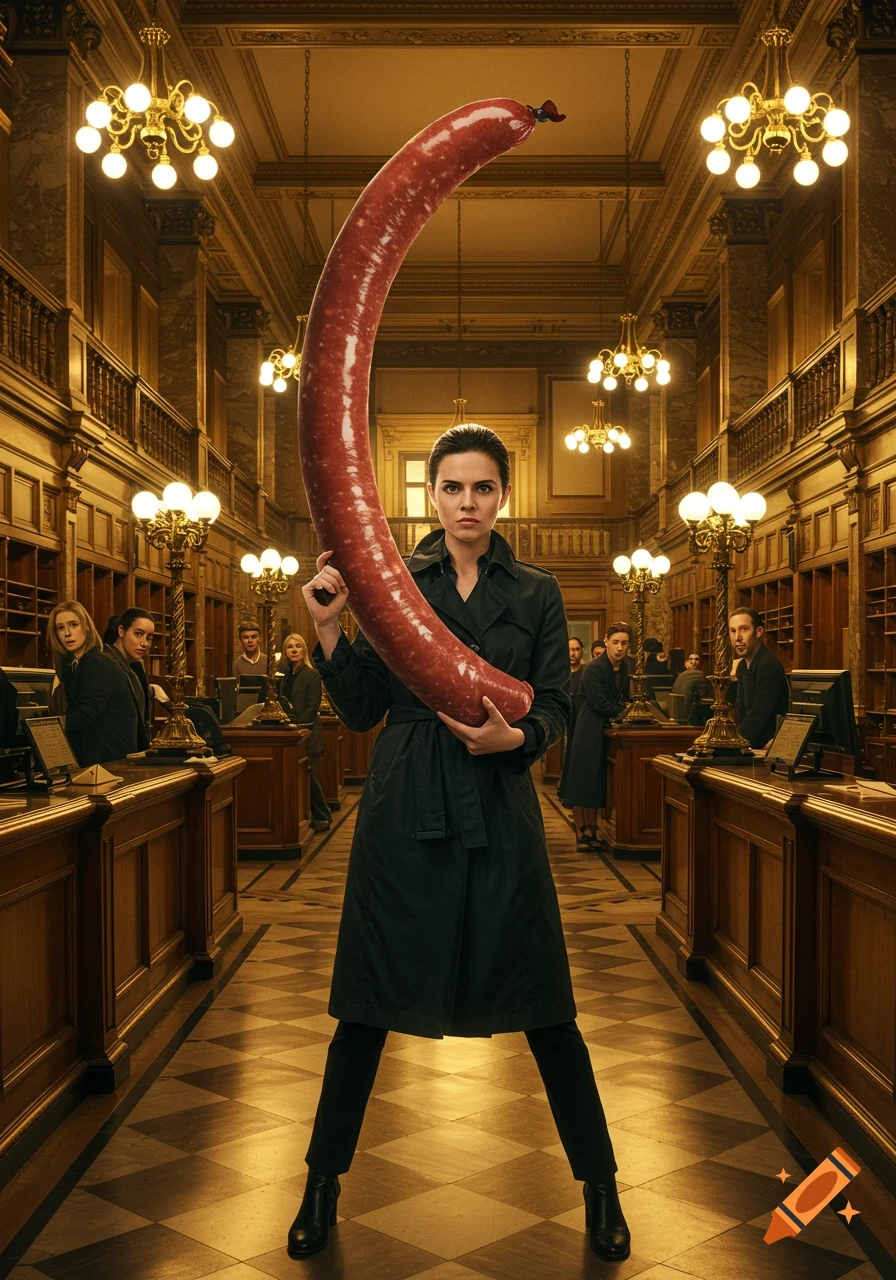 A photorealistic image of a woman in a trench coat holding a giant curved sausage like a gun in a grand, ornate hall.