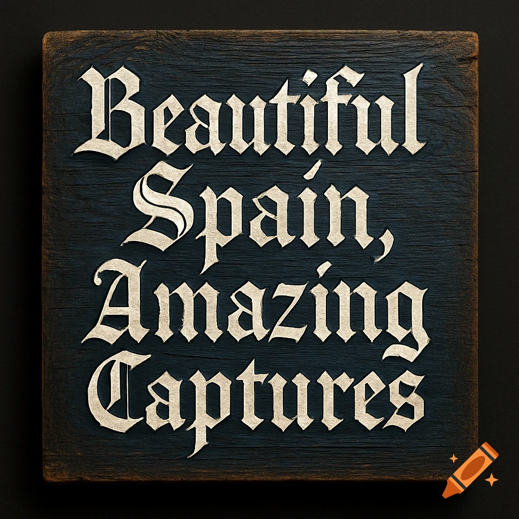 A dark blue wooden sign with cream-colored gothic text reading "Beautiful Spain, Amazing Captures" on a black background.