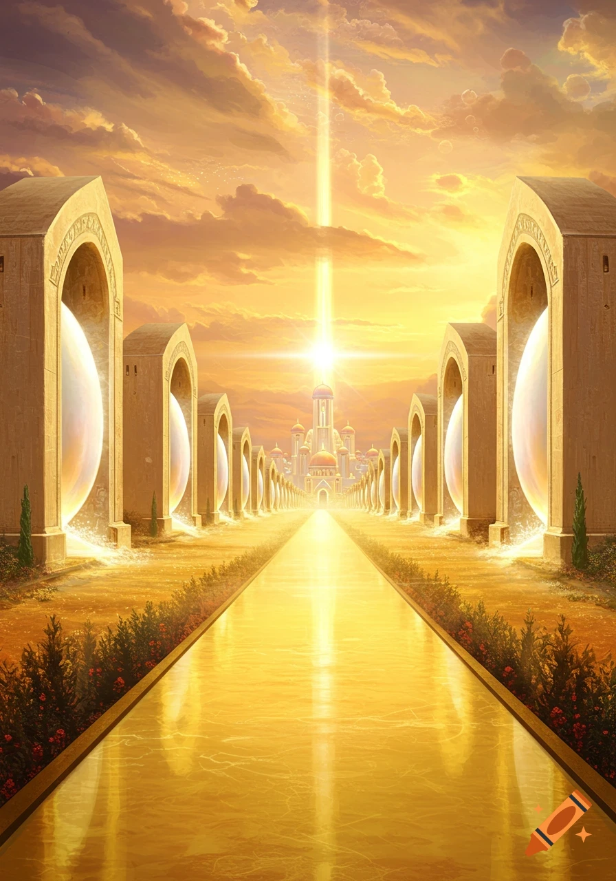 A grand golden path stretching into the distance towards a luminous golden city under a bright sky with archways lining the path.