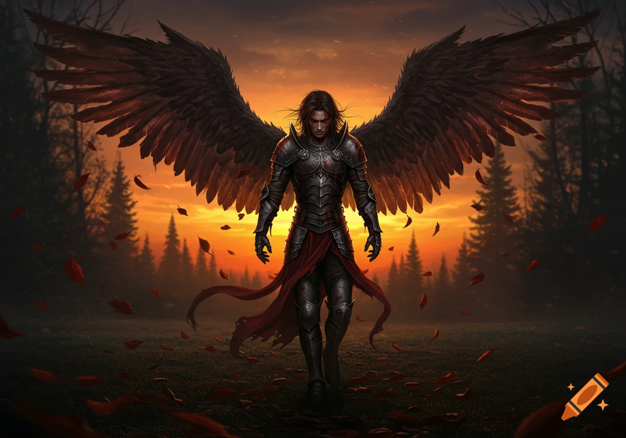 A dark-haired male fallen angel with large black wings and intricate dark armor walks through a forest at sunset, with red leaves falling.