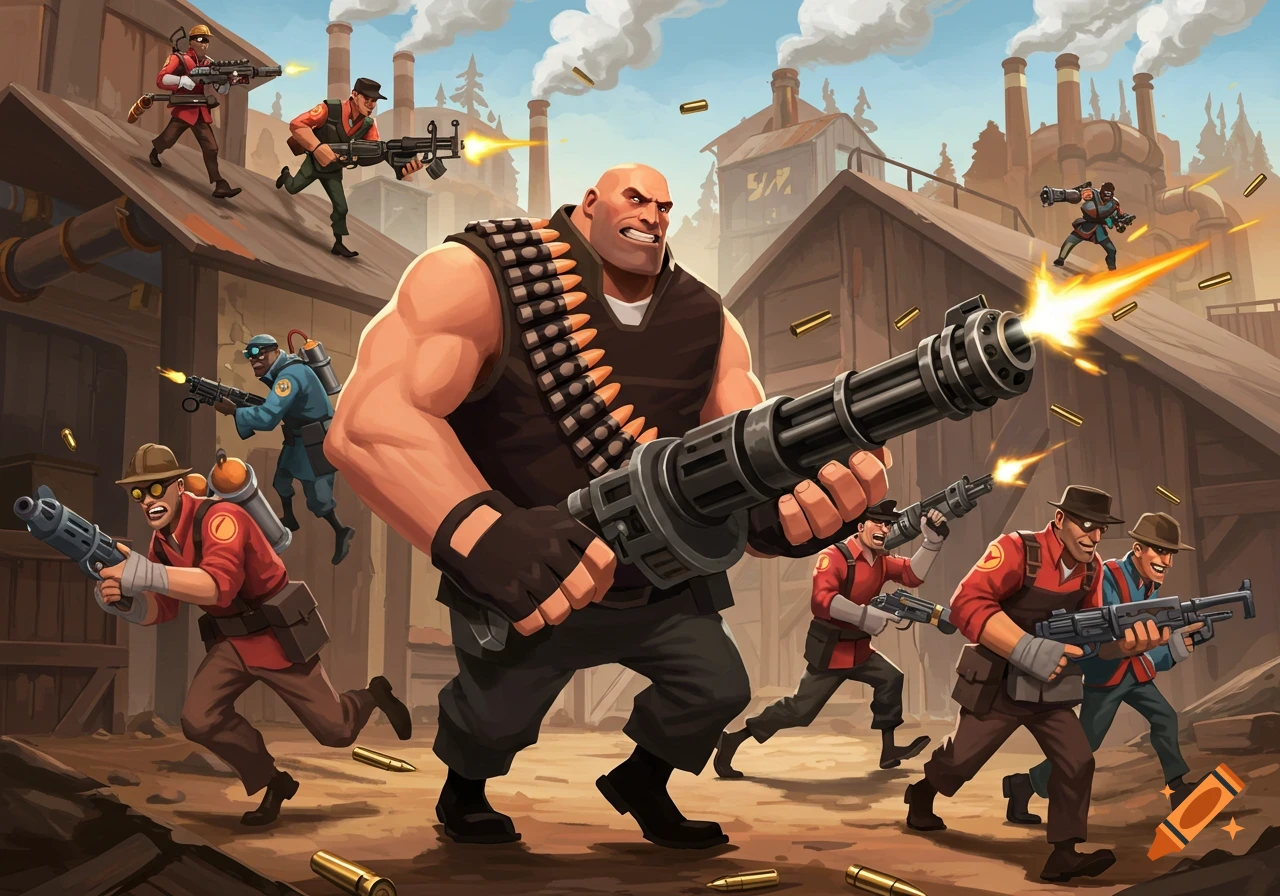 Team Fortress 2 characters in a stylized battle. The Heavy fires his minigun, surrounded by other mercs in an industrial setting.