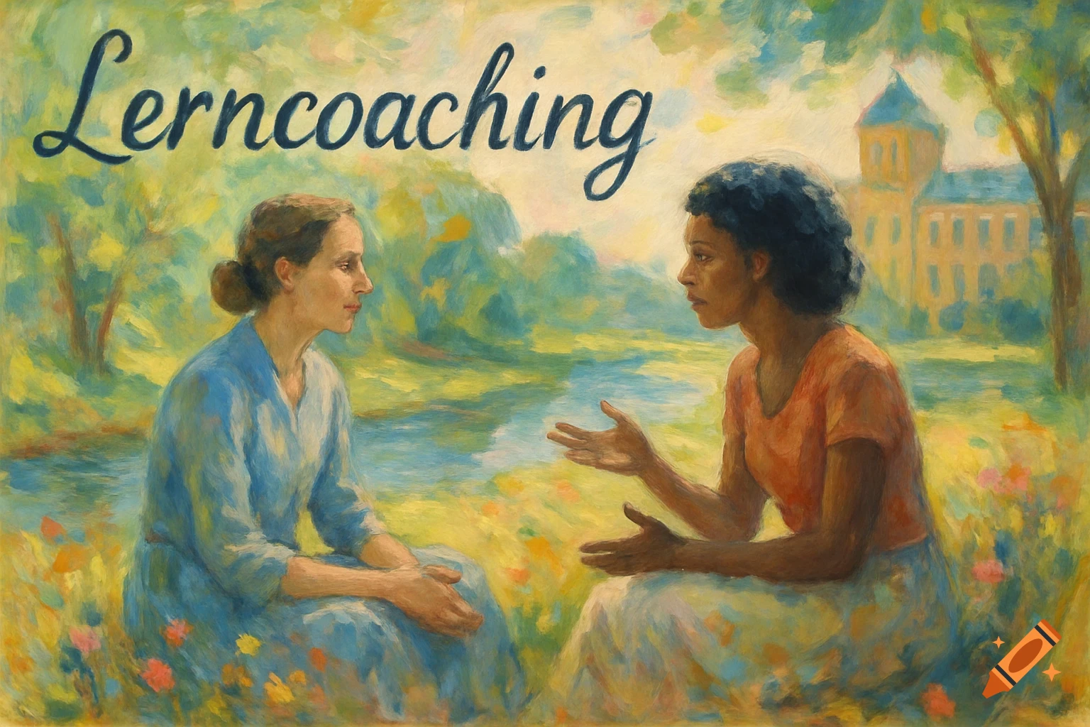 An impressionistic painting of two women conversing outdoors by a stream with a university in the background. The text 'Lerncoaching' is at the top.