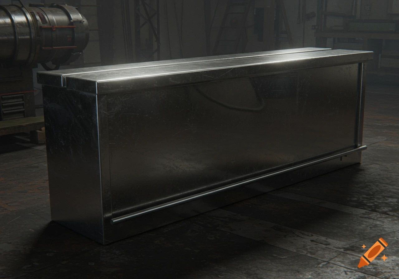 A metallic industrial bar with scratches, illuminated by a bright highlight, in a dark workshop.