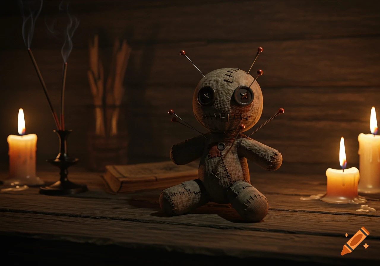 A spooky voodoo doll sits on a wooden table with lit candles and smoking incense sticks in a dark, atmospheric setting.