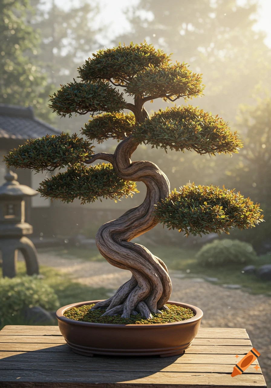 A photorealistic bonsai tree with a gnarled trunk and green foliage sits in a brown pot on a wooden table in a sunlit Japanese garden.