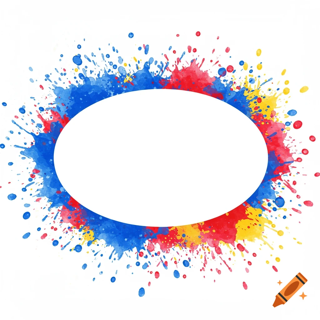 Blank white oval surrounded by vibrant blue, red, and yellow paint splashes in an abstract design.