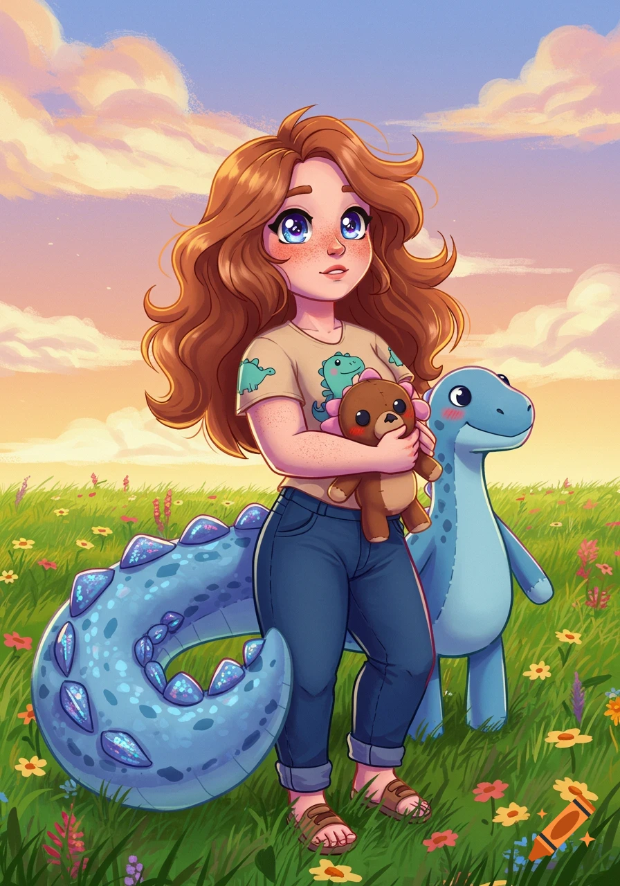 A cartoon girl with auburn hair and freckles stands in a flower field, holding a teddy bear, with a blue plush dinosaur.