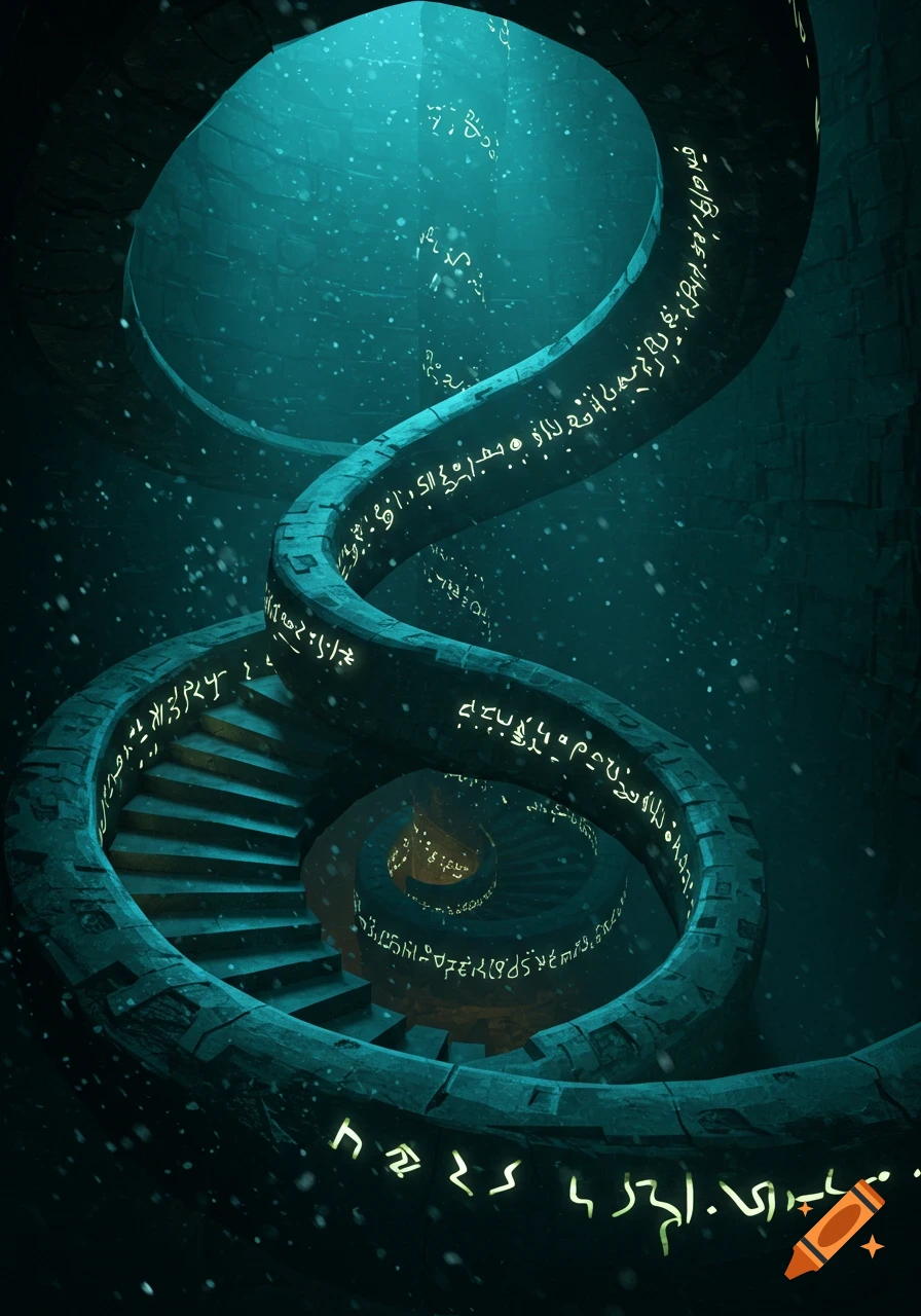 A dark, spiraling stone stairwell descends into a mysterious abyss, adorned with glowing, ancient-looking symbols and floating ethereal particles.