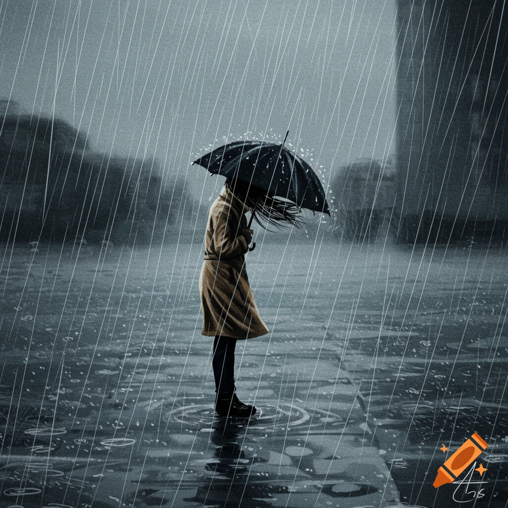Stylized illustration of a lone figure in a trench coat with an umbrella in heavy rain.