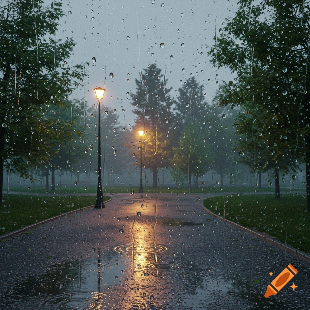 A view through a rain-streaked window of a park at dusk, with illuminated streetlights reflecting on wet paths.