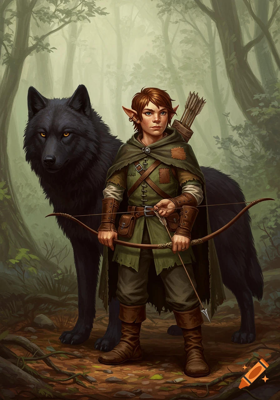 A halfling ranger holding a bow and arrow stands with a large black wolf in a misty forest, in an oil painting style.